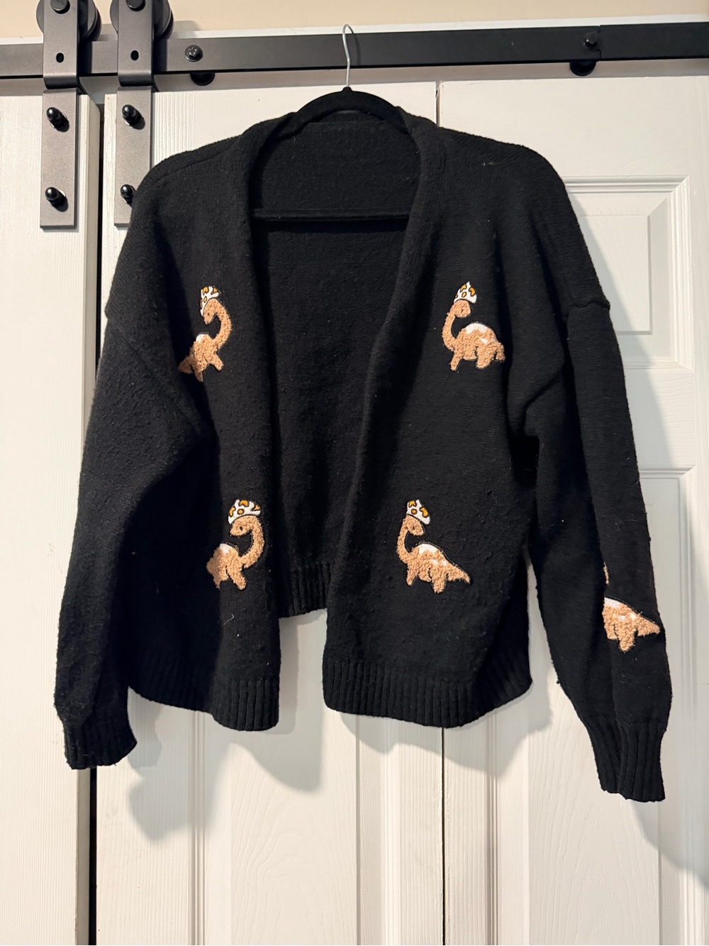 3XL Black Embroidered Mushroom Dinosaur Open Cardigan Sweater
